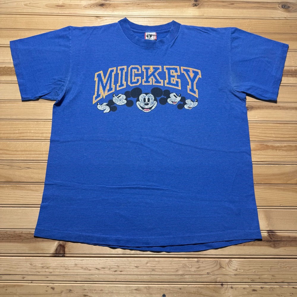 Vintage 90s Disney Mickey Mouse Ribbed Texture Striped T-Shirt USA - Large/XL