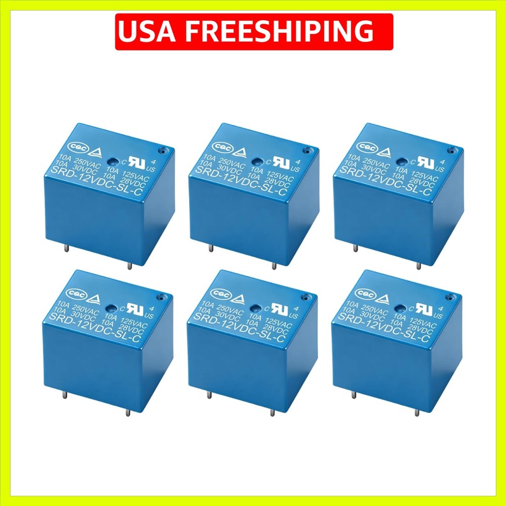 6Pcs PCB Power Relay , DC 12V Coil, 10A 250VAC, SPDT, 5 Pin, for Household Ap...