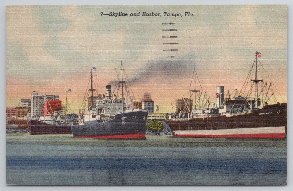 Vintage 1943 Tampa Florida Harbor Skyline Linen Postcard Ships