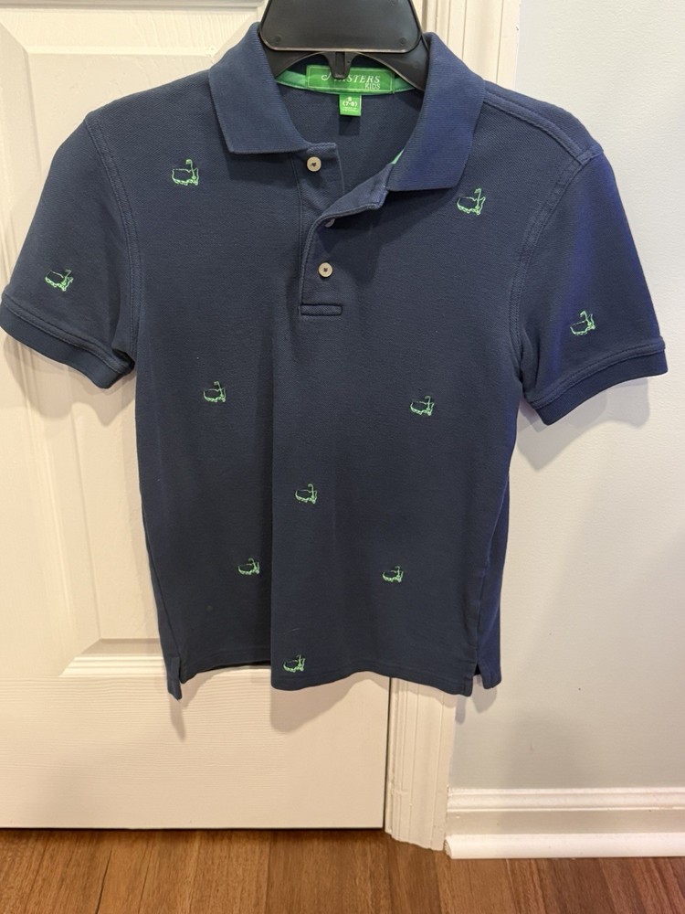 Masters Kids Navy Blue Polo Shirt Embroidered Logo All Over Print Size S 7-8