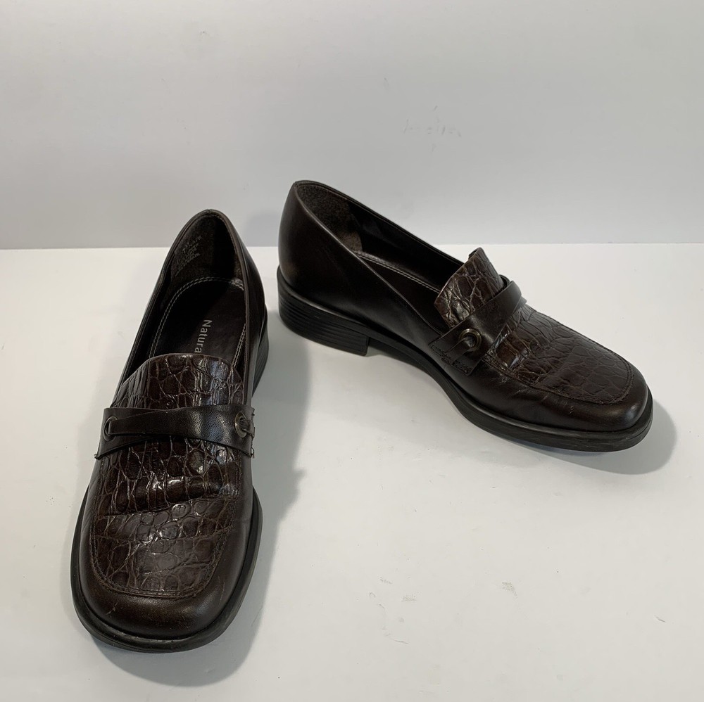 Naturalizer Womens Brown Leather Croc Print Slip On Loafer Heels Sz 7M