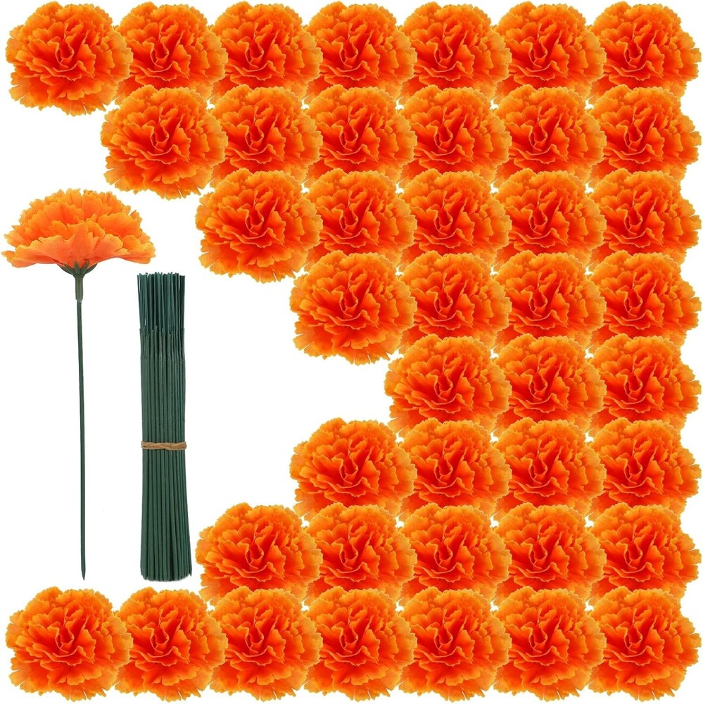 100 piezas flores de cempasuchil a granel flores artificiales de seda con tallos