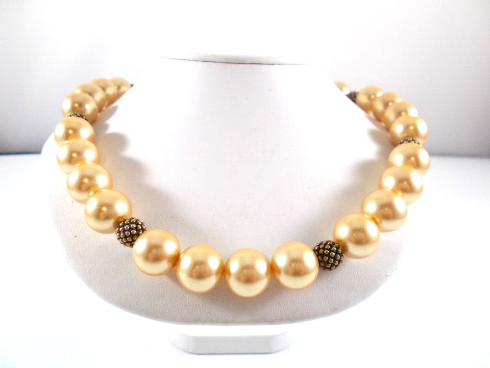 VTG Champagne Color Glass Bead Choker Necklace Gold Bead Accents Free Shipping