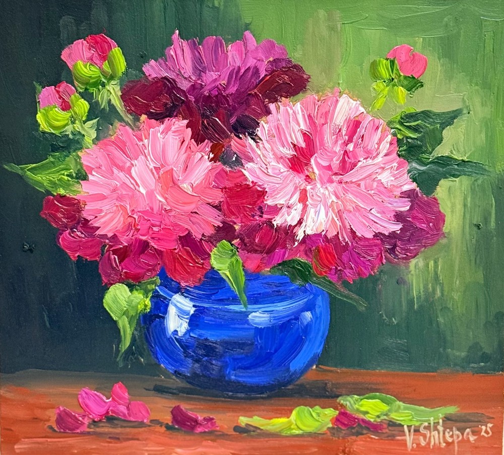 Original Oil Painting Pink Peonies Flowers Still life Vintage Vase Art 8x7.5 in