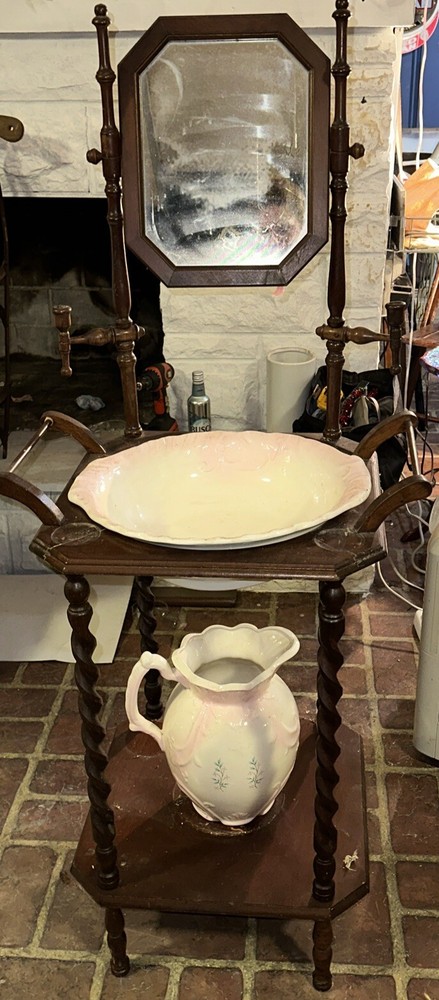 Antique English Wash Basin & Pitcher Wood Stand, Mirror &Candle Holders Dry Sink