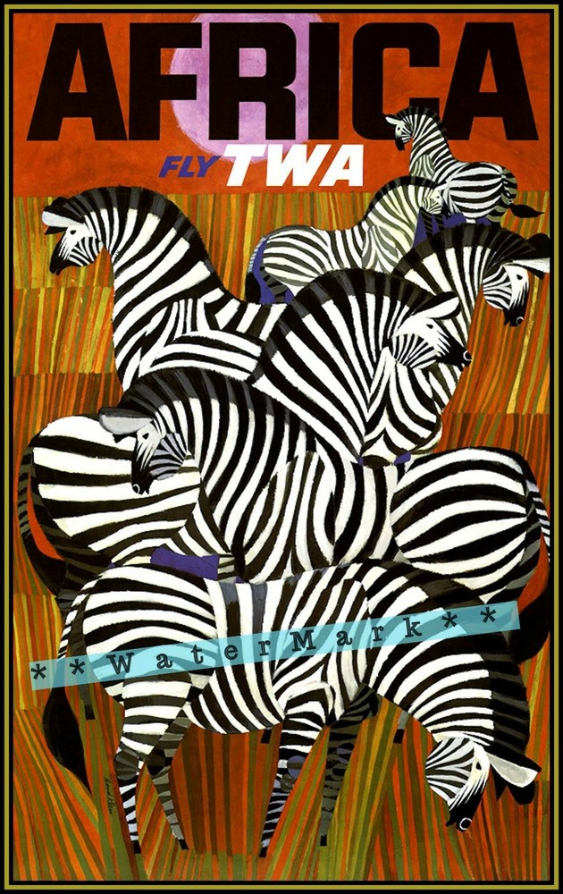Africa 1963 TWA Airline African Zebras Vintage Poster Print Retro Travel Art
