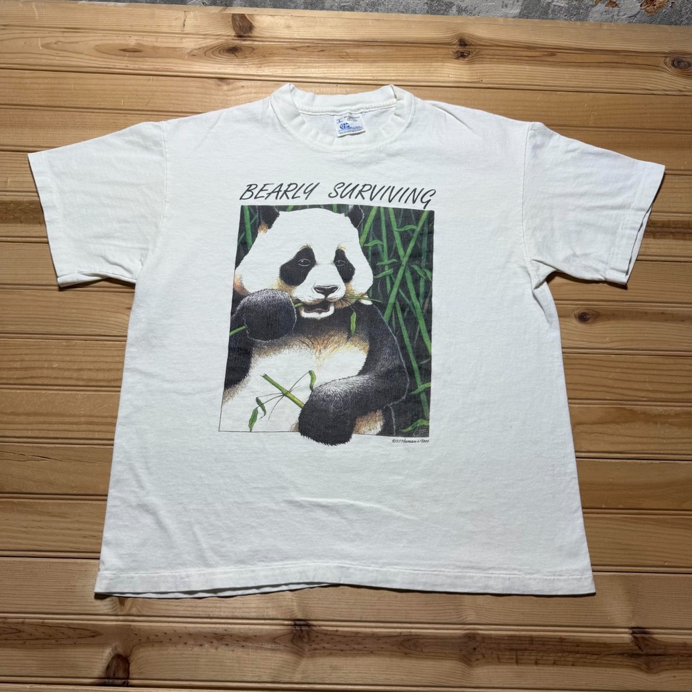 Vintage 1993 Bearly Surviving Panda Bamboo Nature Graphic T-Shirt USA - Large