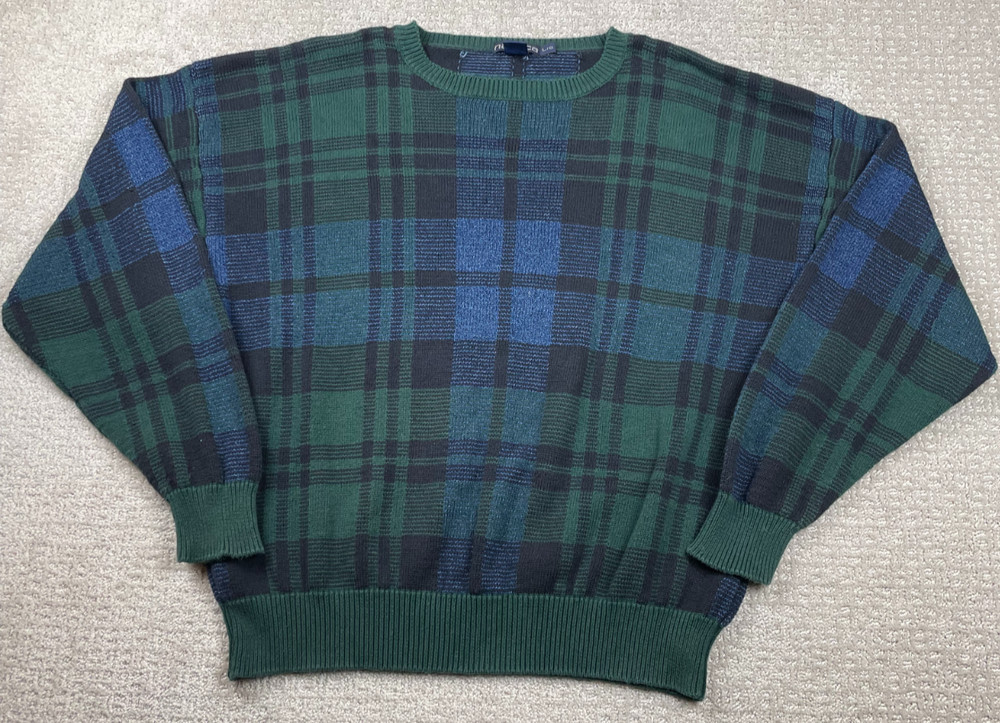 Vintage Nautica Sweater Mens L Green Blue Tartan Plaid Knit Cotton Pullover Golf