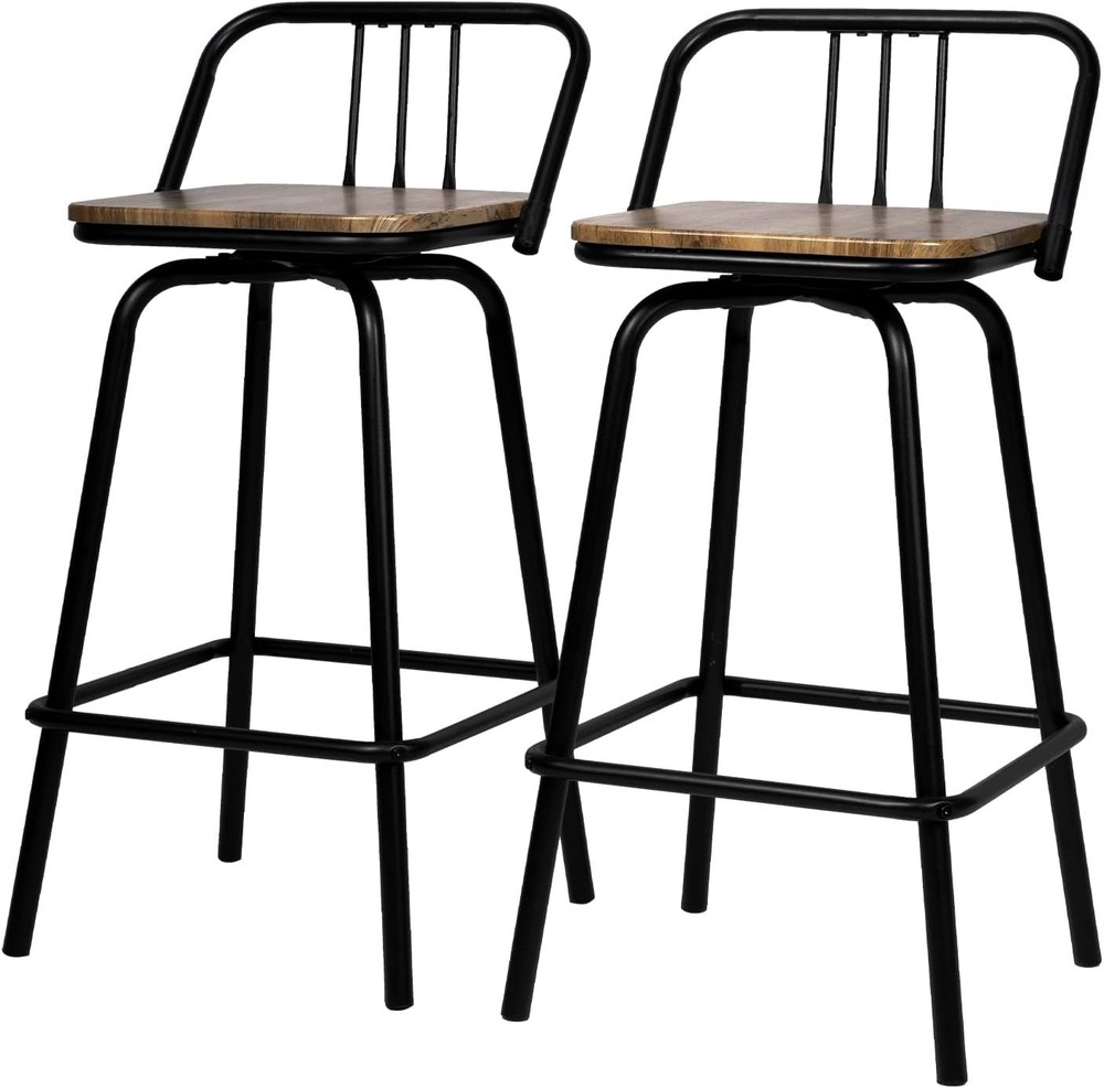 Set of 2 Heavy Duty Swivel Bar Stools /w Low Backrest Square Counter + Footrest