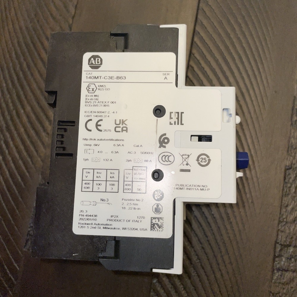 Allen Bradley Circuit Breaker, Motor Protection, 4 - 6.3A 140MT-C3E-B63