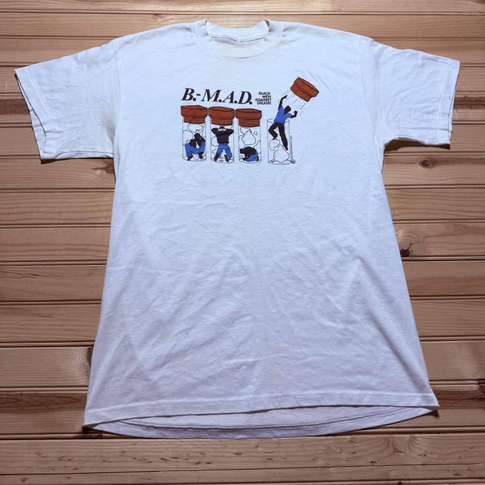 Vintage 80s 90s B-MAD Black Men Against Drugs Single Stitch Shirt - Small/Medium