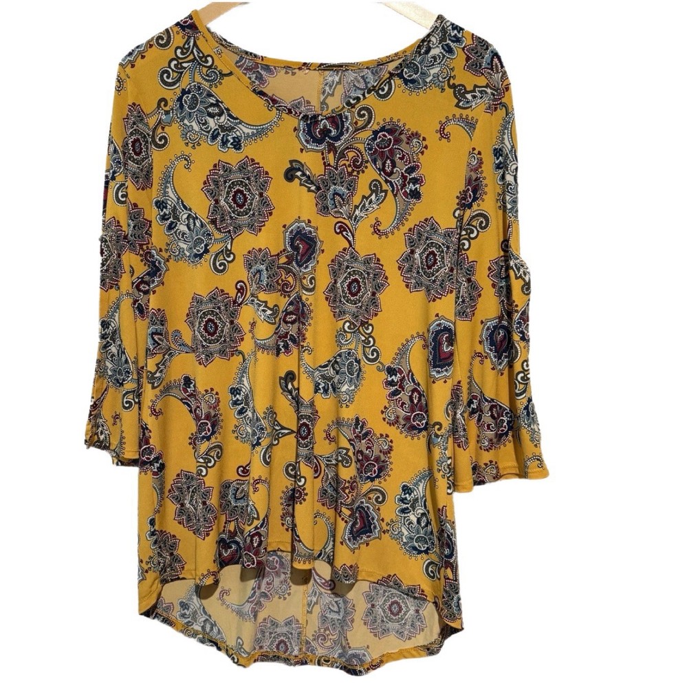 Women’s Yellow Floral Paisley Tunic Top with Open 3/4 Sleeves Size Large