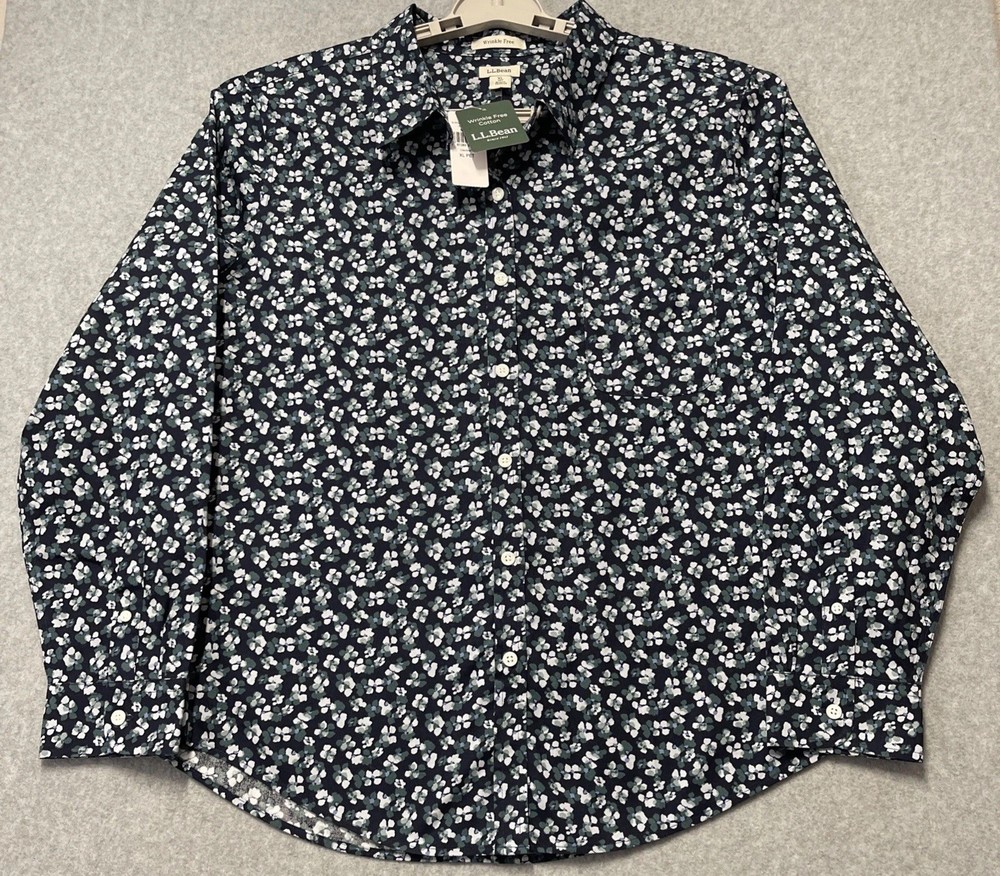 LL Bean Blue Floral Wrinkle Free Pinpoint Oxford Long Sleeve Shirt XL Petite