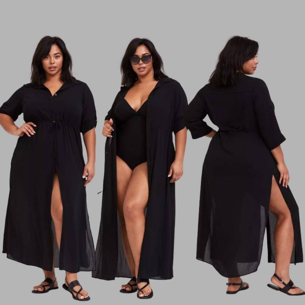 Torrid Women's Black Maxi Crinkle Coverup Shirt Dress Sz 2x (18-20) Resort