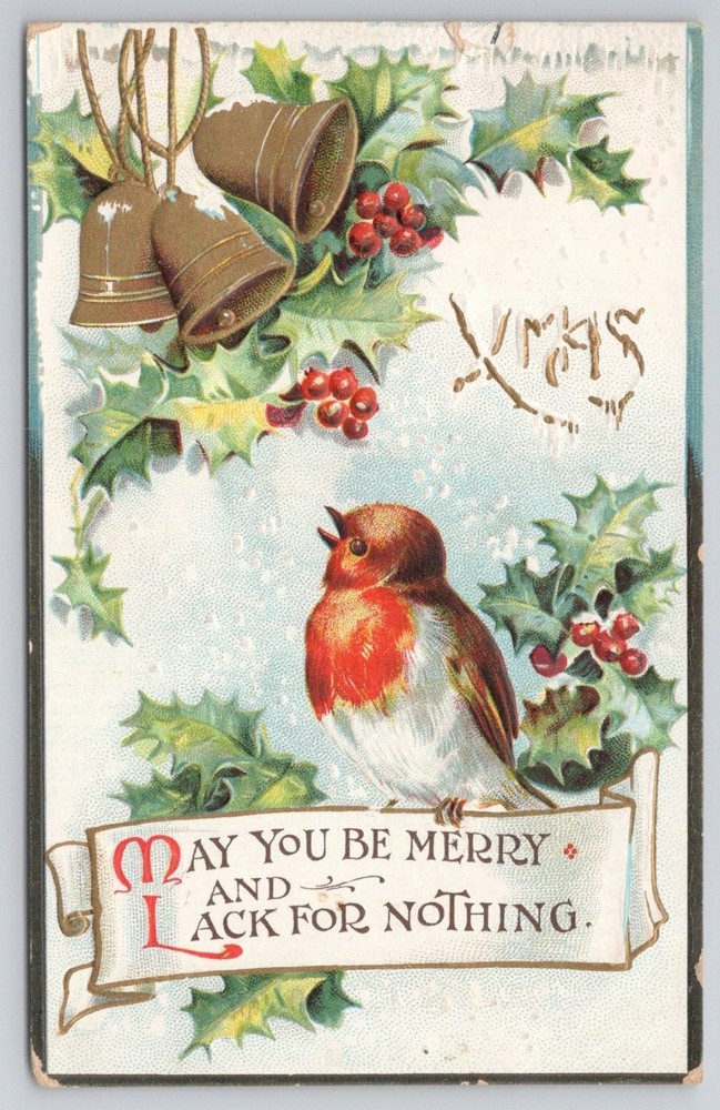Antique Christmas Postcard Robin Holly Bells Embossed 1907 Posted NY to PA