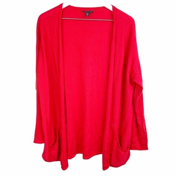 Eileen Fisher Medium Orange Red Merino Wool Oversized Button Front Cardigan