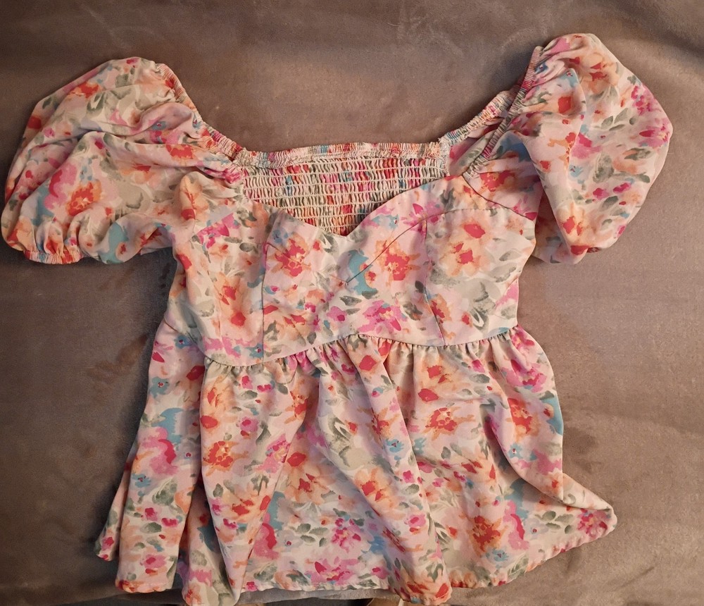 SHEIN Women’s Floral Square Neck Smocked Puff Sleeve Peplum Blouse XS Multi