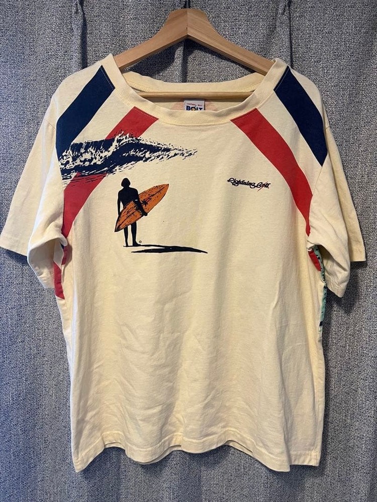 90s LIGHTNING BOLT Surf T-Shirt Cream Red Blue Raglan USA Made