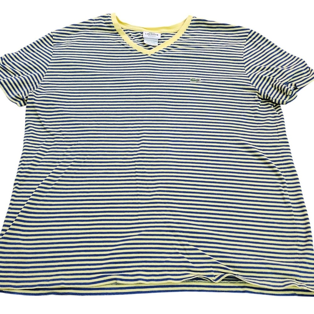 Lacoste Mens Striped V-Neck T-Shirt Yellow Blue Regular Fit Size 5 Large