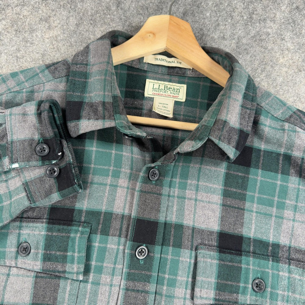 L.L.Bean Shirt Mens Large Tall Green Plaid Chamois Flannel Long Sleeve Button