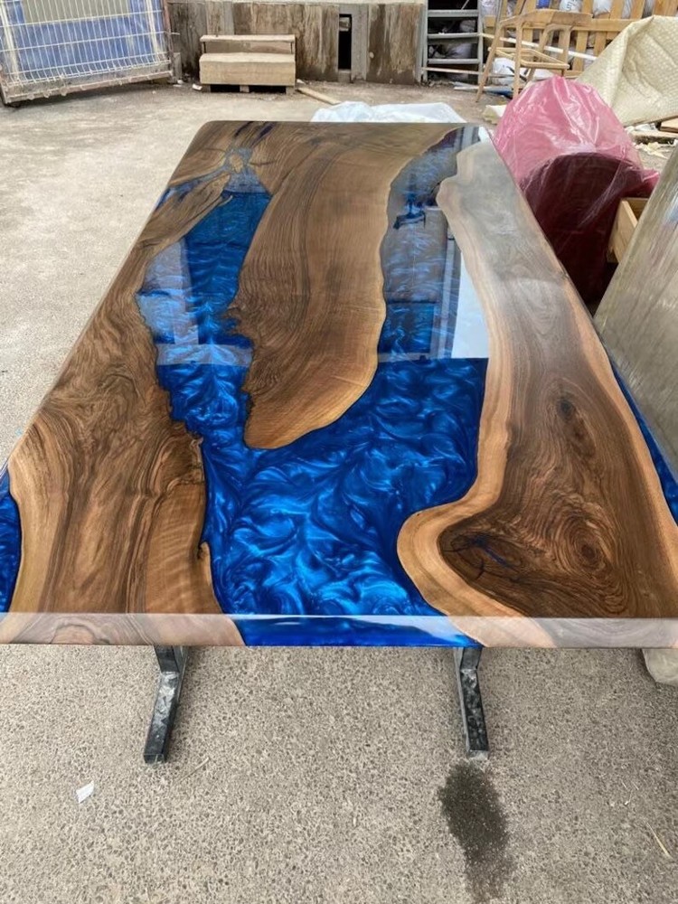 Acacia Wooden Blue Epoxy Resin Dining Table, Handmade Furniture, Hallway Decors-image