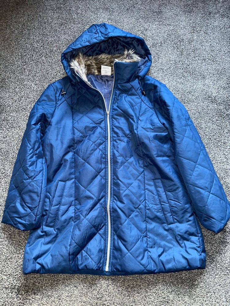 Womens Anne De Lancay Coat Blue Quilted Pockets Faux Fur Hood Lined Size Small