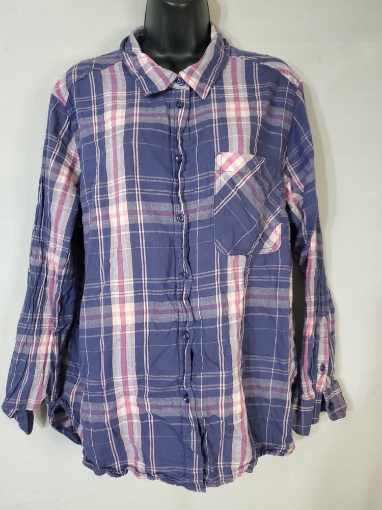 Time And Tru Button Up Shirt Women's Size 2XL Plaid Flannel Pocket 100% Cotton