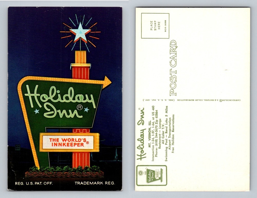 Mt Vernon, IL-Illinois, Holiday Inn Neon Sign Night View Vintage Postcard