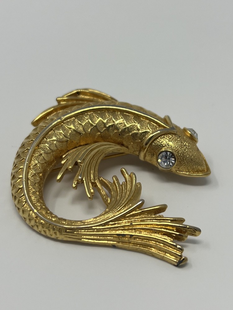 Signed Monet Vintage Koi Fish White Rhinestone on Textured Gold Tone Brooch Pin