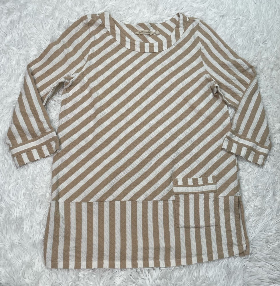 Soft Surroundings Womens Size M Medium Tunic Top Tan Striped Shirt Pocket