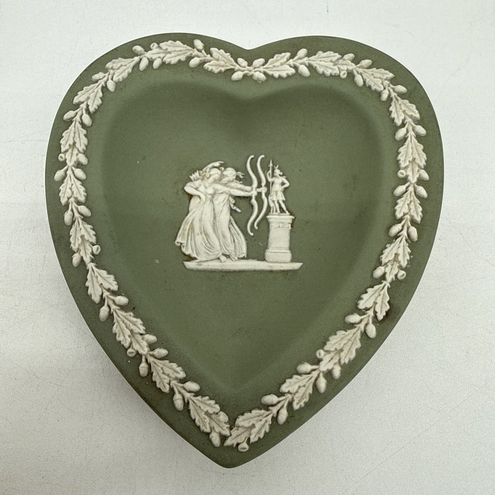 Wedgwood Jasperware Heart-Shaped Trinket Dish in Sage Green - Vintage