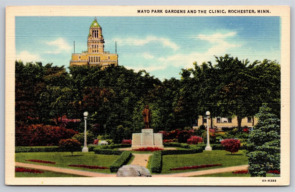 Rochester Minnesota~Mayo Park Gardens & The Clinic Bldg~Vintage Linen Postcard