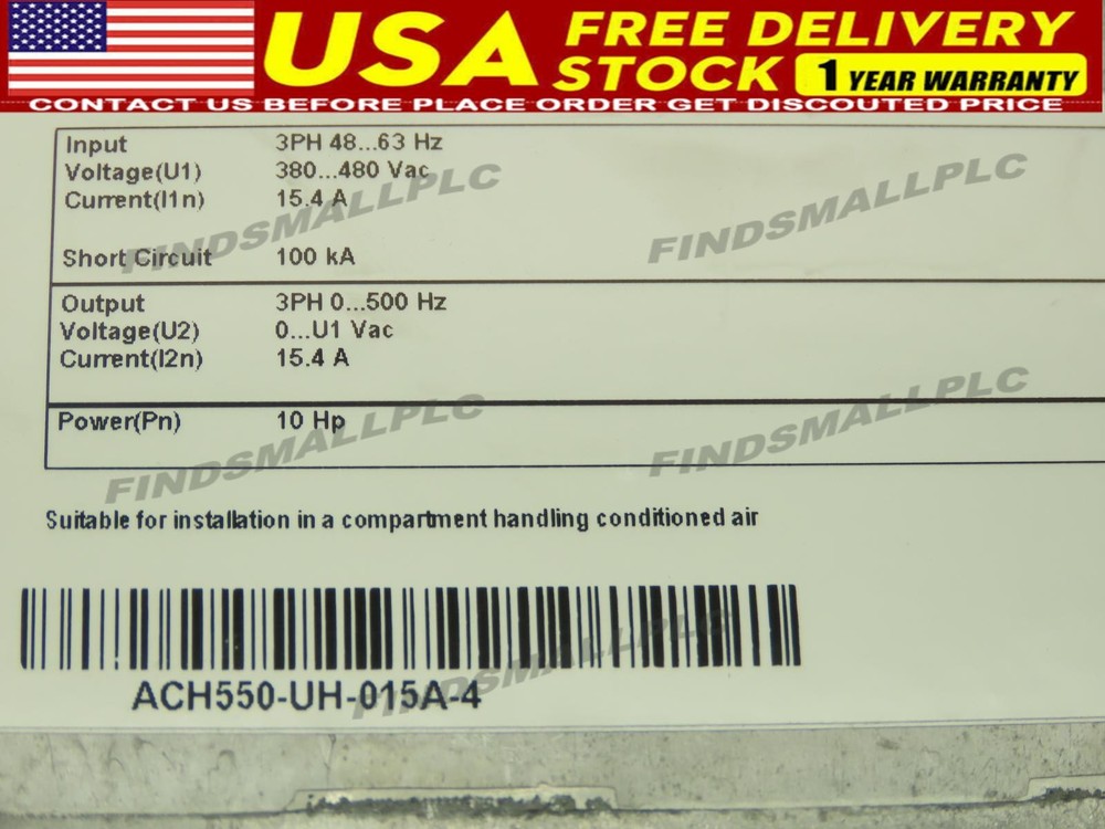 ABB ACH550-UH-015A-4 HVAC VFD Variable Speed Drive 10HP 3Ph 480V 15.4A No Keypad