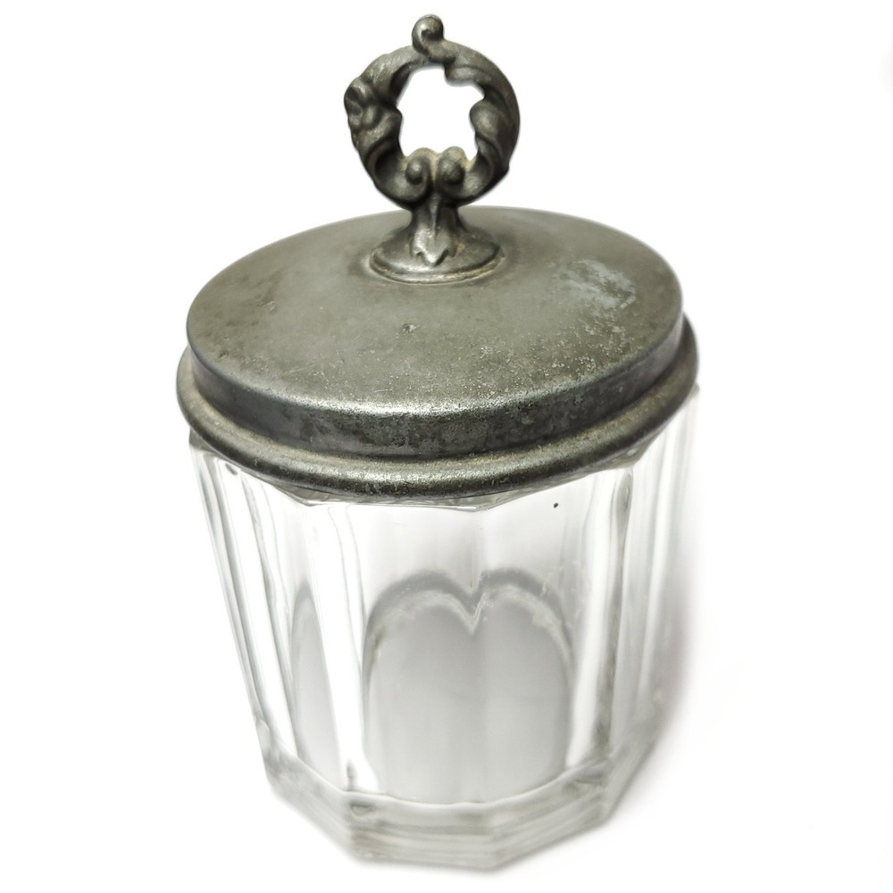 Antique Sweet Clover Condensed Milk Glass & Metal Container Jar