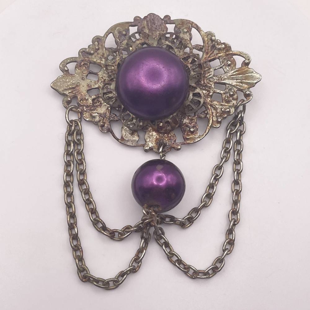 Vintage Retro Silver Tone Purple Faux Pearl Filigree Chatelaine Brooch Pin