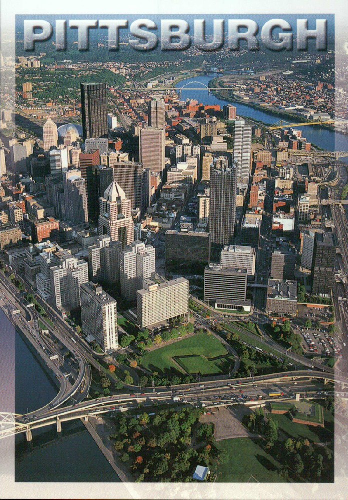 Aerial View of Pittsburgh, Pennsylvania, Downtown, Bridges, Highways -- Postcard