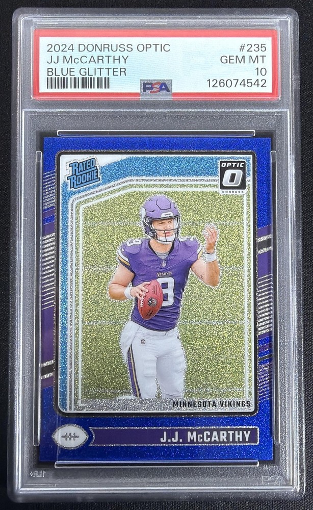 2024 Panini Donruss Optic J.J. McCarthy #235 Blue Glitter Rated Rookie PSA 10