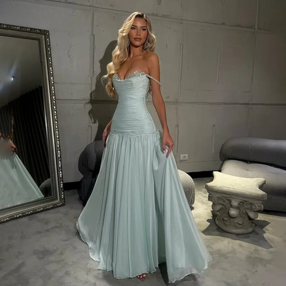 Pleats Prom Dress Party Dress Chiffon Off Shoulder Evening Dress Mermaid Dress