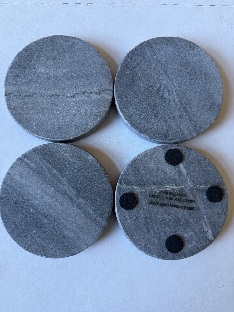 Set of 4 Round Gray Marble Coasters 4” Natural Stone Drink Coasters w/ Feet