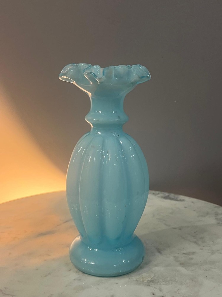 Vintage Style Fenton Art Glass Light Blue Overlay Ruffled Melon Vase MCM 8 1/2