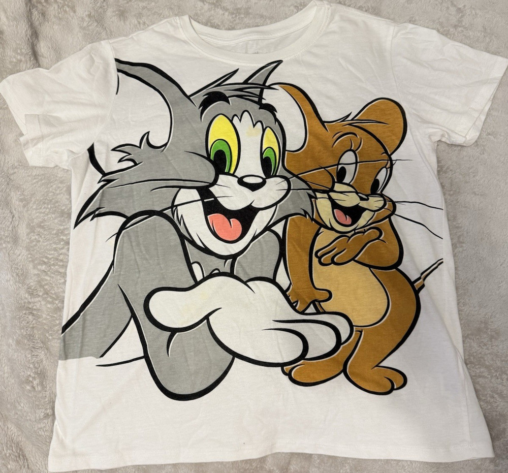 Tom and Jerry White Graphic Print T-Shirt L Short Sleeve Crew Neck Cartoon