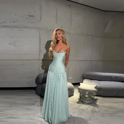 The Shoulder A Line Prom Sequined Neck Pleated Gown Vacation Floor Length Dress
