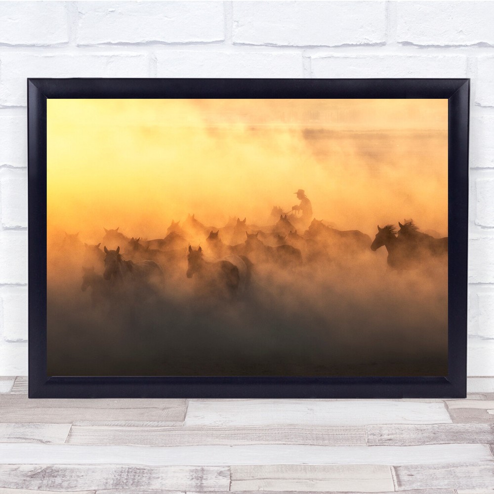 Horses Fog Mist Haze Cowboy Rider Riding Wall Art Print