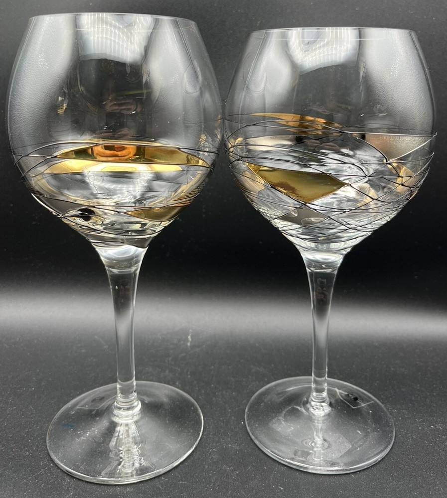 Pair Stimas Romania 8” Tall Stemware Stained Glass Red Wine Glasses Hand Blown