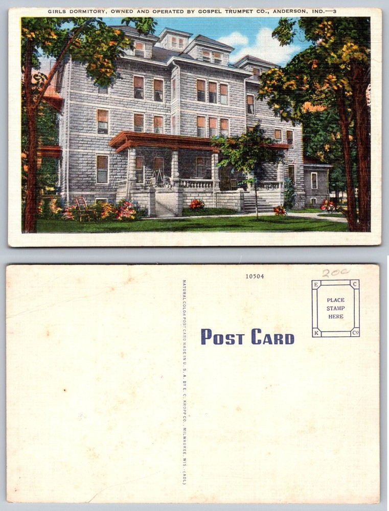 Gospel Trumpet Co. Girls Dormitory Anderson Indiana Linen Postcard E.C. Kropp