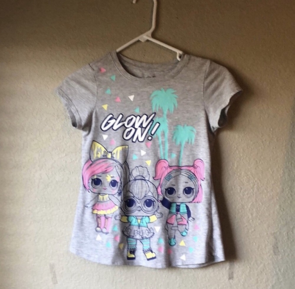 LOL Surprise Shirt Girls Gray Graphic Tee Shirt Short Sleeve Top Girl Sz L 10/12