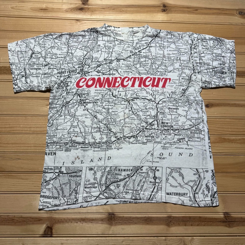 Vintage 90s Connecticut State Road Map All Over Print Single Stitch Shirt Large