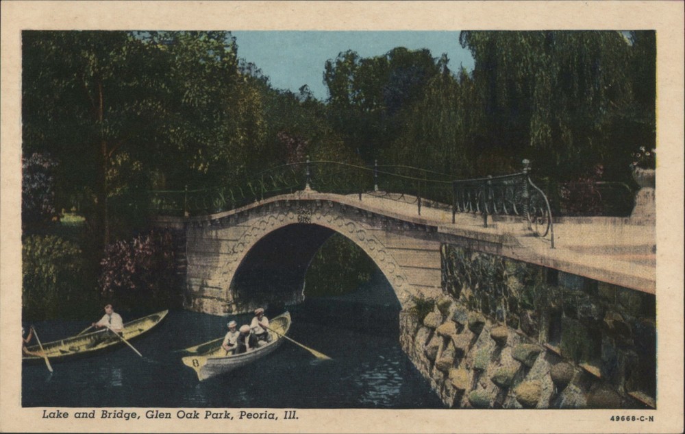 Peoria, Illinois IL Lake Bridge, Glen Oak Park Teich Original Vintage Postcard