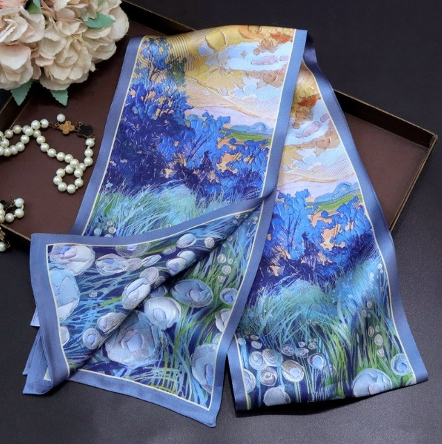 Luxury 100% Mulberry Silk Blue Flower Field Print Long Scarf Shawl 150x16cm