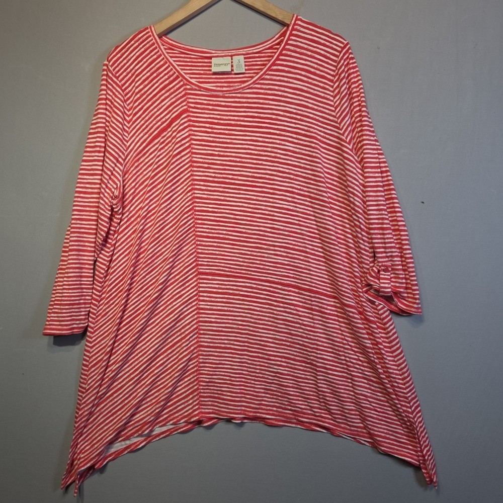 Chico’s Zenergy Size 3 Red White Striped Tunic Top Sharkbite Hem 3/4 Sleeve
